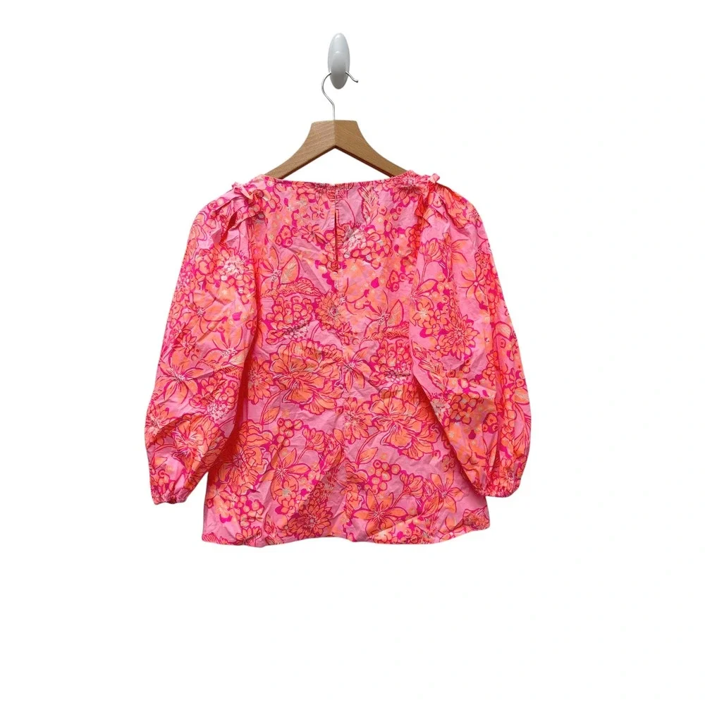 Lilly Pulitzer Pink Orange Floral Puff Sleeve Cotton Blouse Top XS
